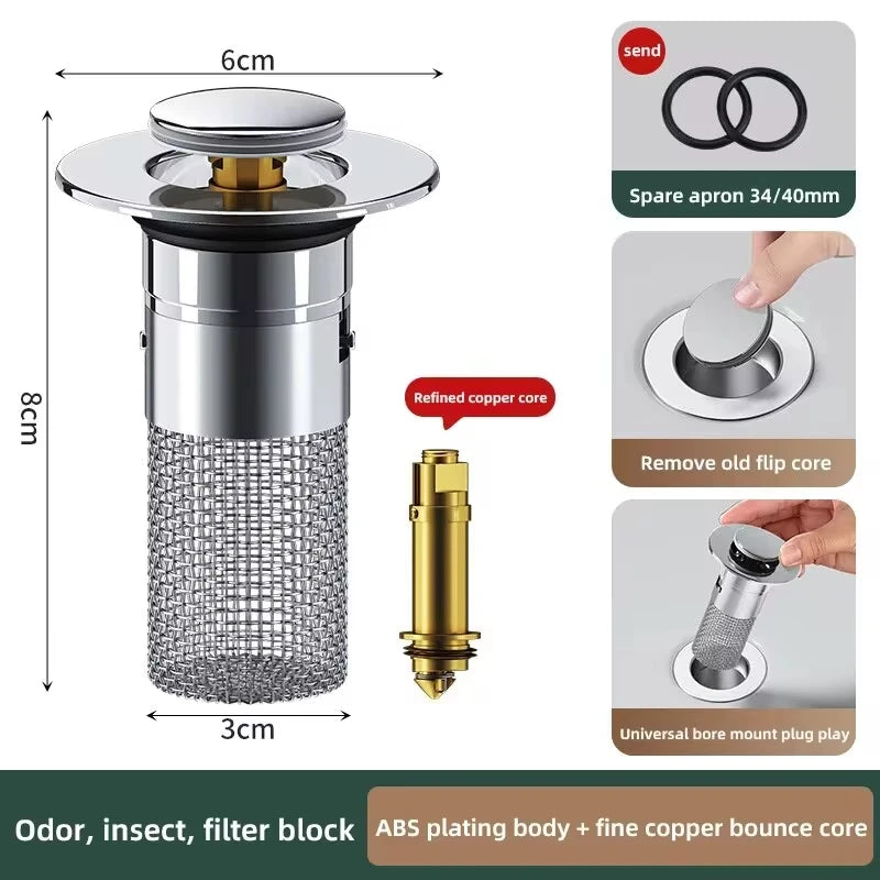 Dop de lavoar anti-miros Pop-Up Bounce Core bazin dop păr Catcher duș chiuvetă sita oțel inoxidabil filtru Bouncing Core