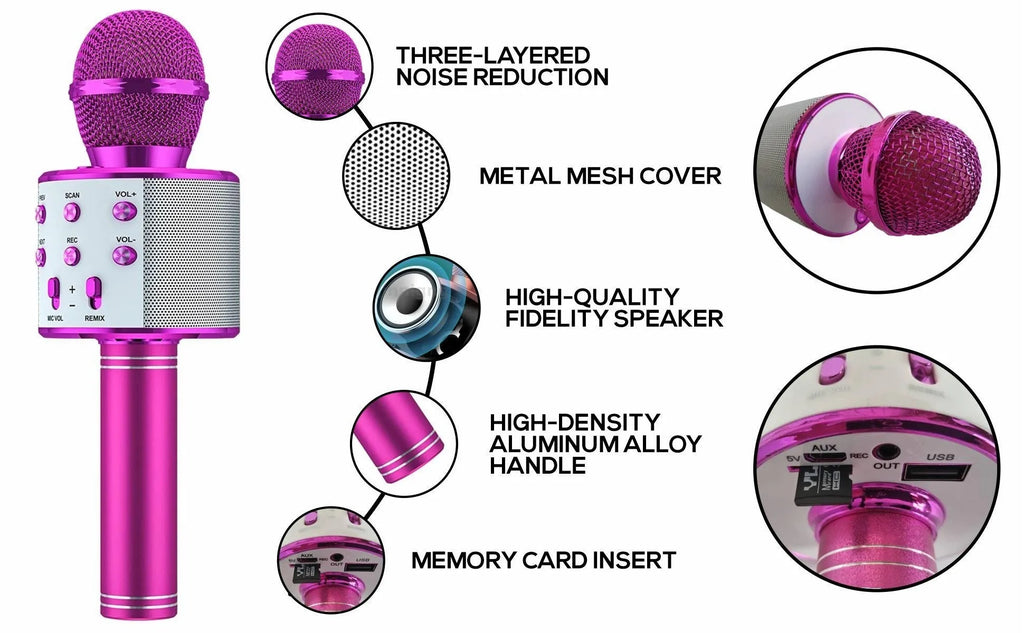 Microfon karaoke Bluetooth wireless pentru copii, microfon karaoke portabil 5 în 1, difuzor player, înregistrator cu radio FM