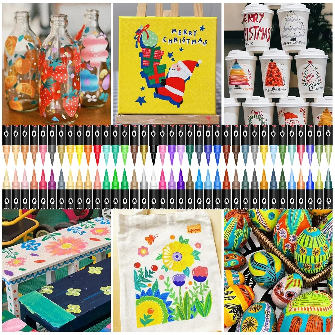 Markere acrilice colorate, vârfuri duble, culoare dublă pentru pictura pe piatră, pânză, sticlă, ceramică, material textil, plastic, pensulă moale