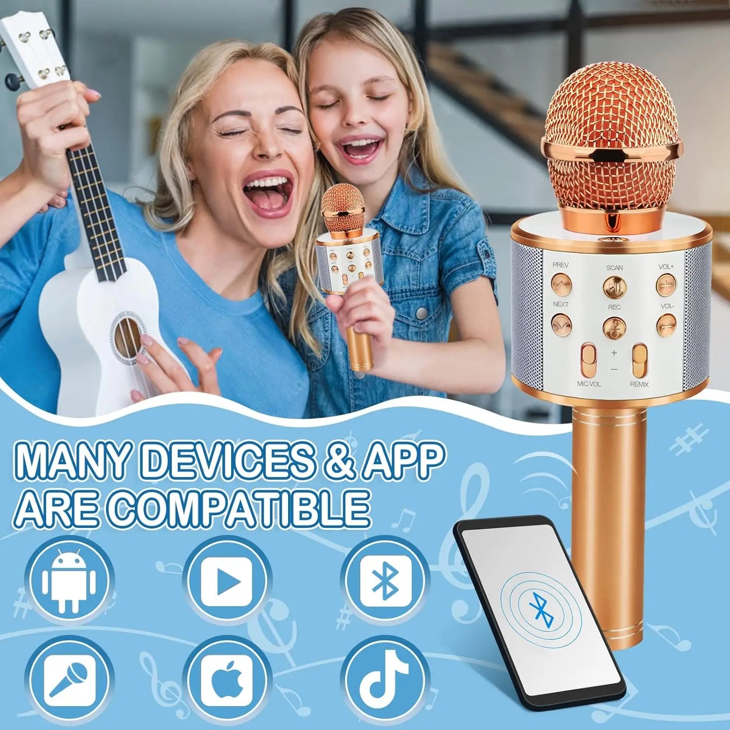Microfon karaoke Bluetooth wireless pentru copii, microfon karaoke portabil 5 în 1, difuzor player, înregistrator cu radio FM