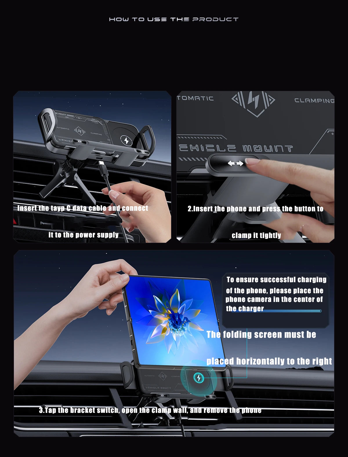 Încărcător wireless auto, suport pliabil pentru ecran, încărcare rapidă , suport pentru telefon