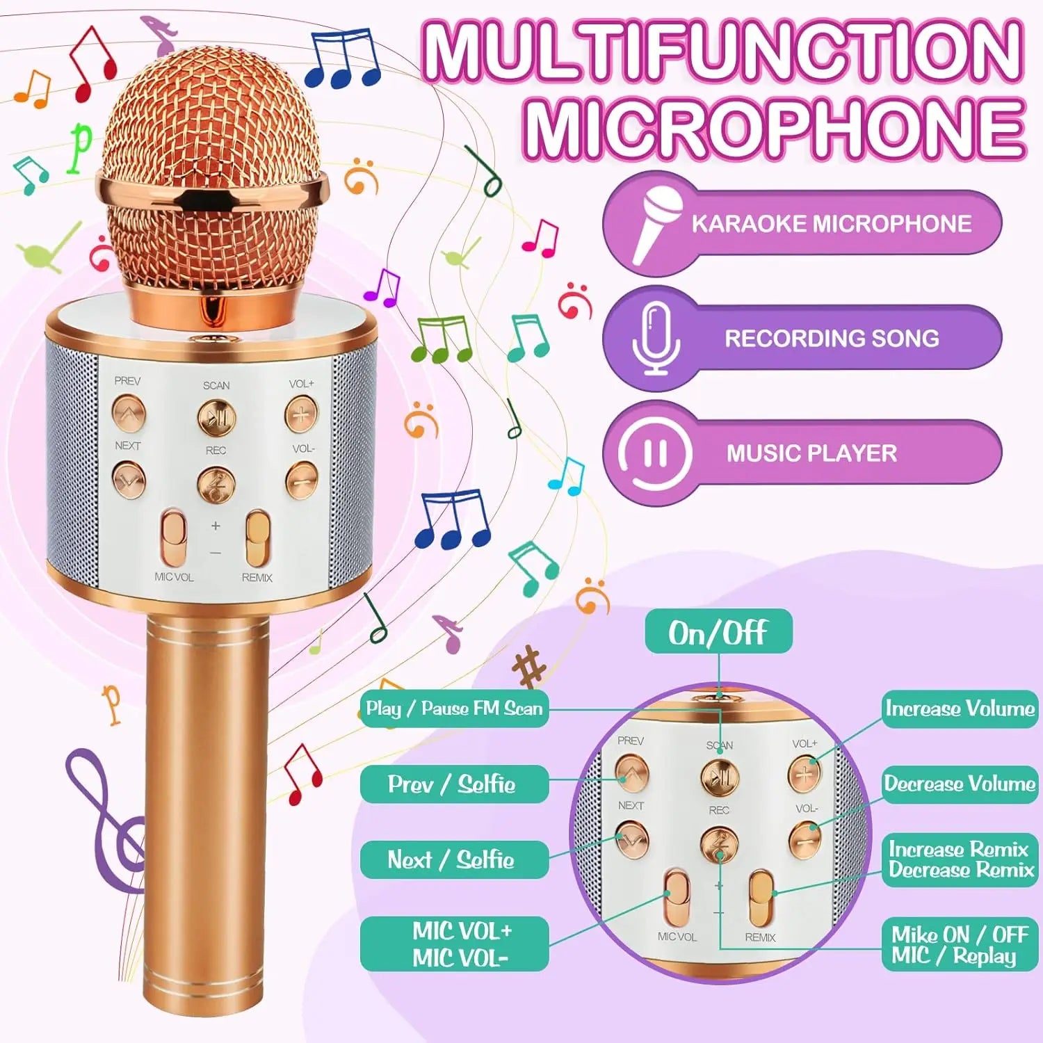 Microfon karaoke Bluetooth wireless pentru copii, microfon karaoke portabil 5 în 1, difuzor player, înregistrator cu radio FM