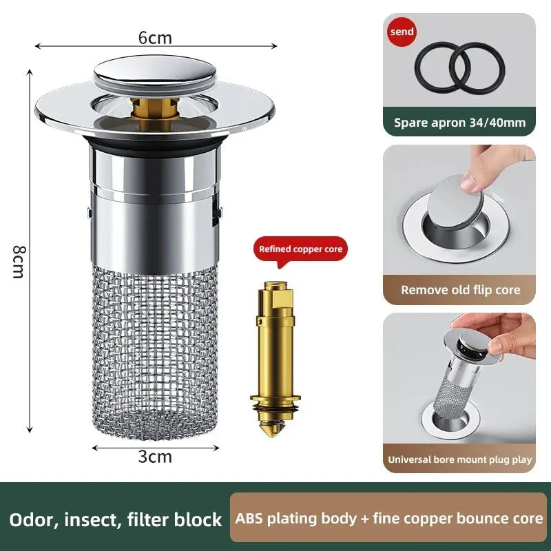 Dop de lavoar anti-miros Pop-Up Bounce Core bazin dop păr Catcher duș chiuvetă sita oțel inoxidabil filtru Bouncing Core